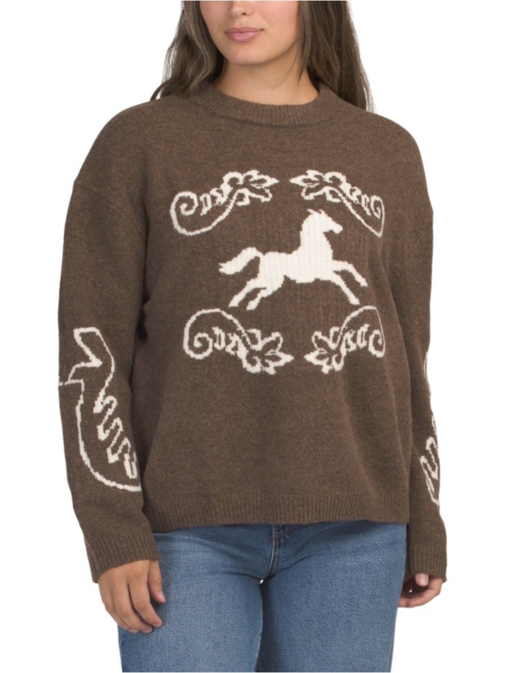 NWT W Studio Wool Blend Horse Motif Fuzzy Crew Neck Sweater- S